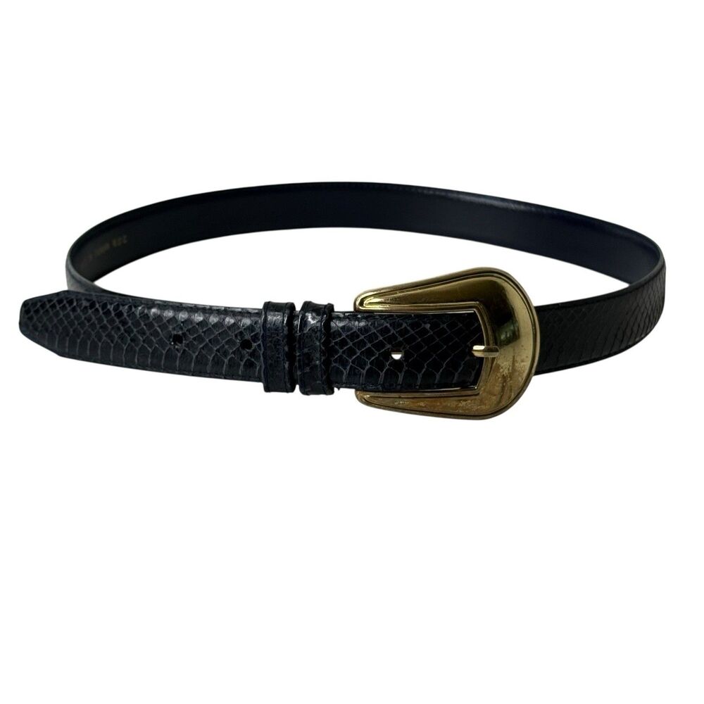 Womens Navy Blue Snakeskin Belt M Gold Tone Buckle Western Minimalist Skinny